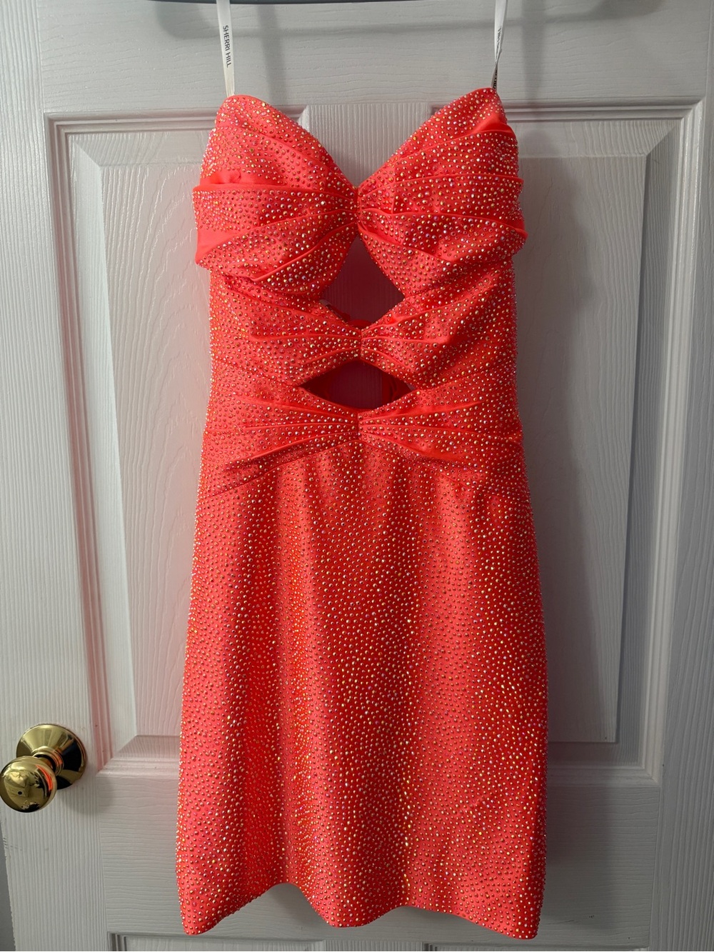 Sherri Hill Coral Pink Strapless Beaded Mini Dress with Cutouts